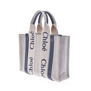 Chloe Tote Handbag White Bag Blue Woody Canvas